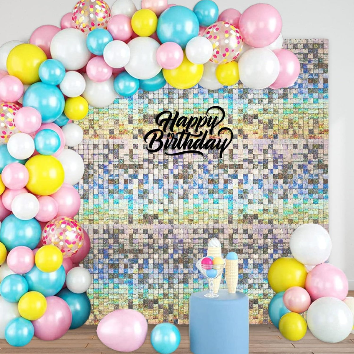 24PCS Silver Shimmer Wall Backdrop, Laser Square Sequin Photo Backdrops Panel, Glitter Wall