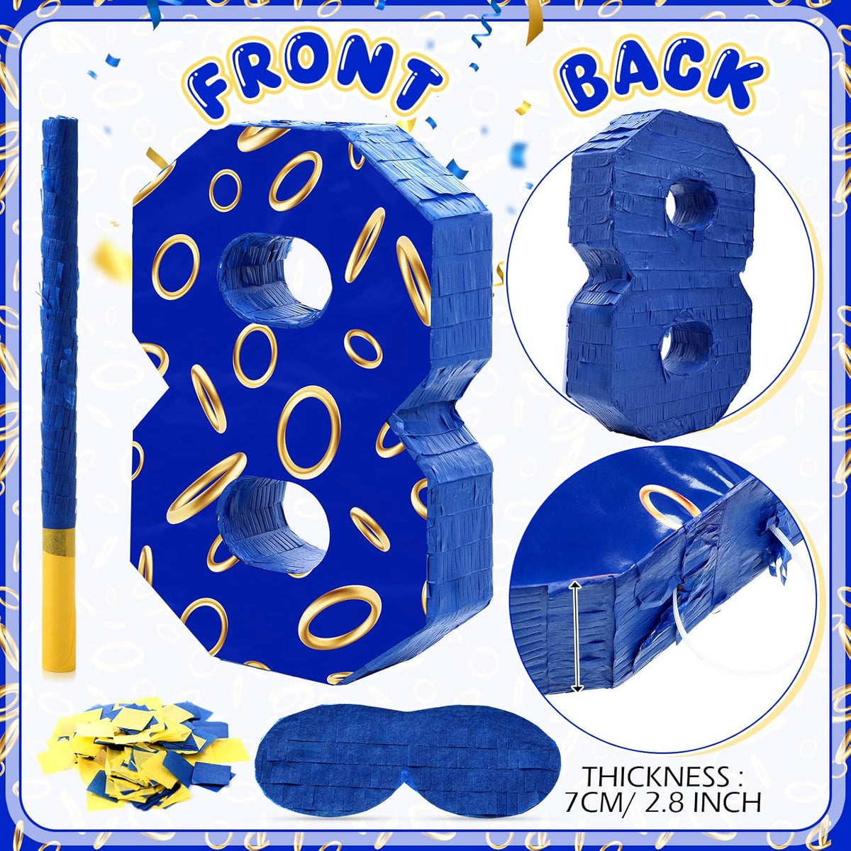 Number 8 Blue and Golden Rings Piñata for Kids Birthday Cartoon Theme Small Piñata with Blindfold