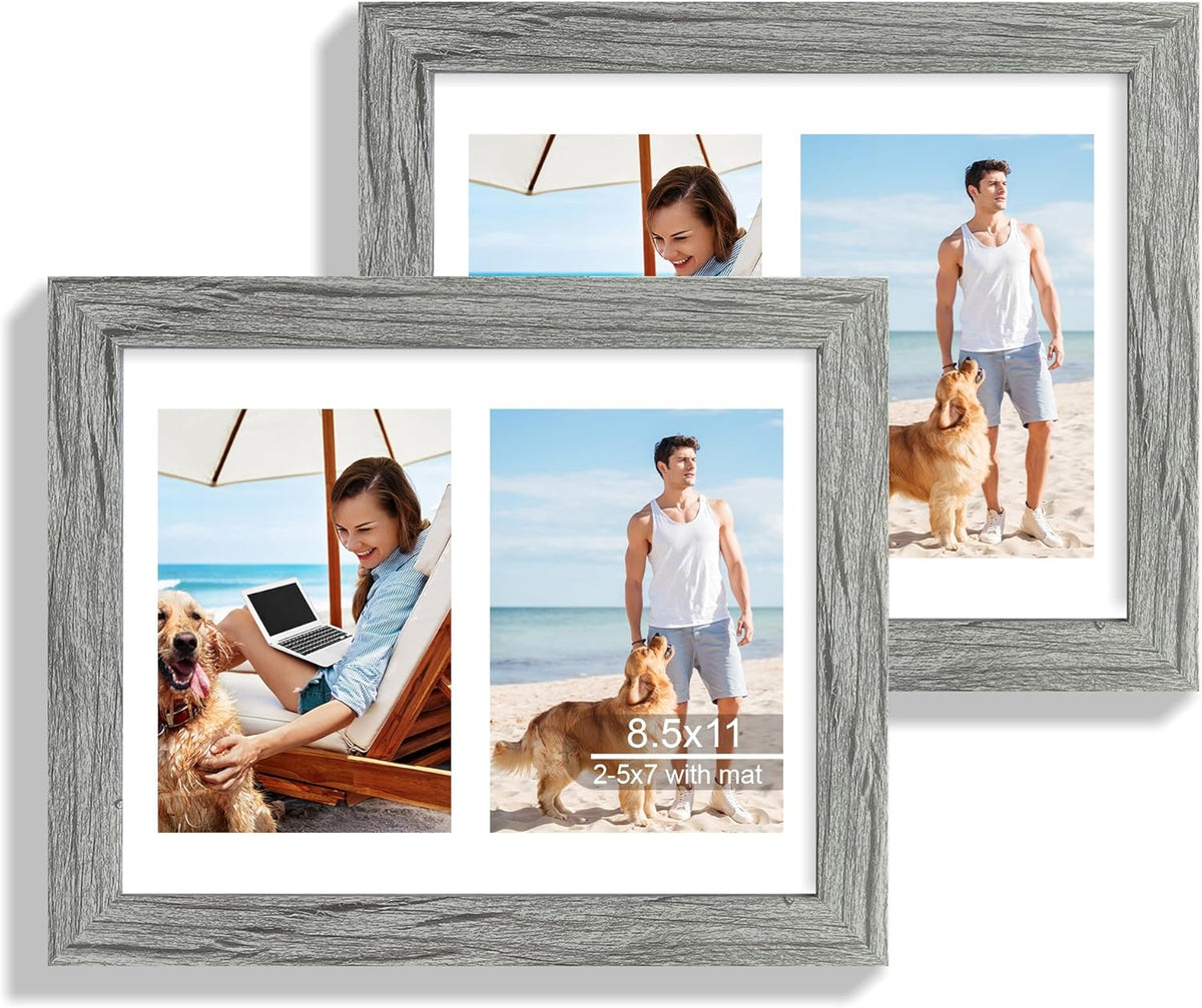 8.5x11 Picture Frame Set of 2, Gray Certificate Document Frames with Glass Collage Frame, Display