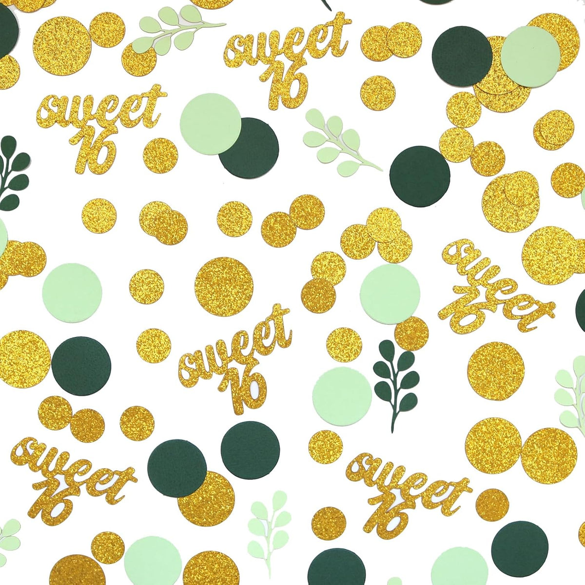300PC Gold Glitter and Sage Green Sweet 16 Party Decorations Greenery Happy 16th Birthday Confetti
