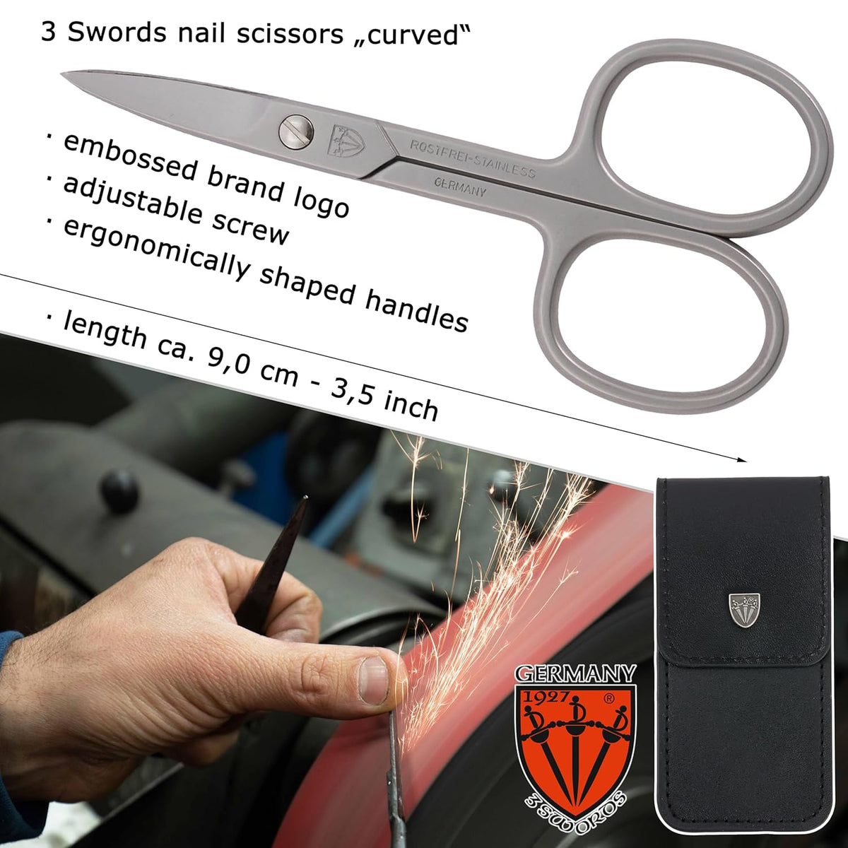 3 Swords Germany - brand quality STAINLESS STEEL INOX CURVED NAIL SCISSORS (1 PIECE) with case for