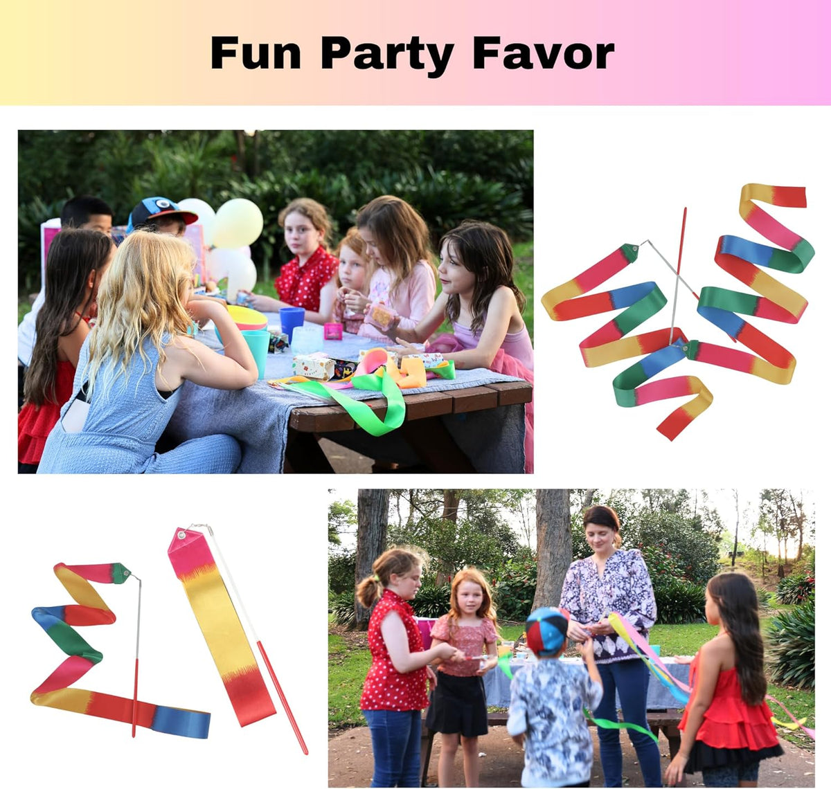 Dance Wands Ribbon Pack, Party Favors for Girls Goodie Bags, Outdoor Kids Rainbow Birthday Party
