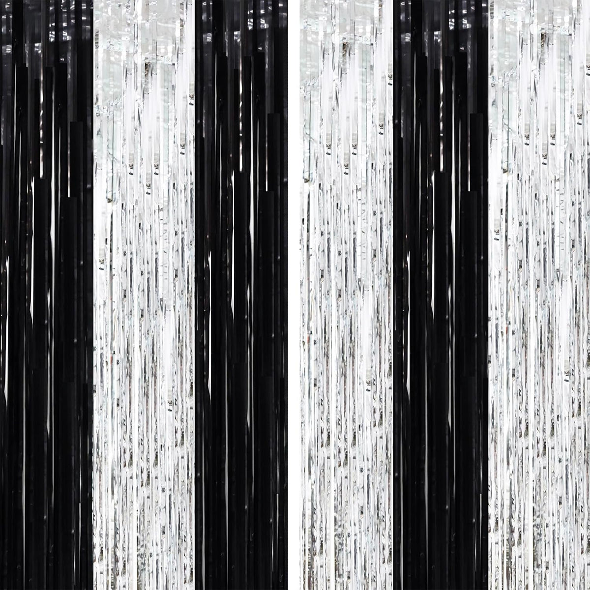 2 Pack Black and Silver Tinsel Foil Fringe Curtains, Black White Party Decorations, Metallic Tinsel