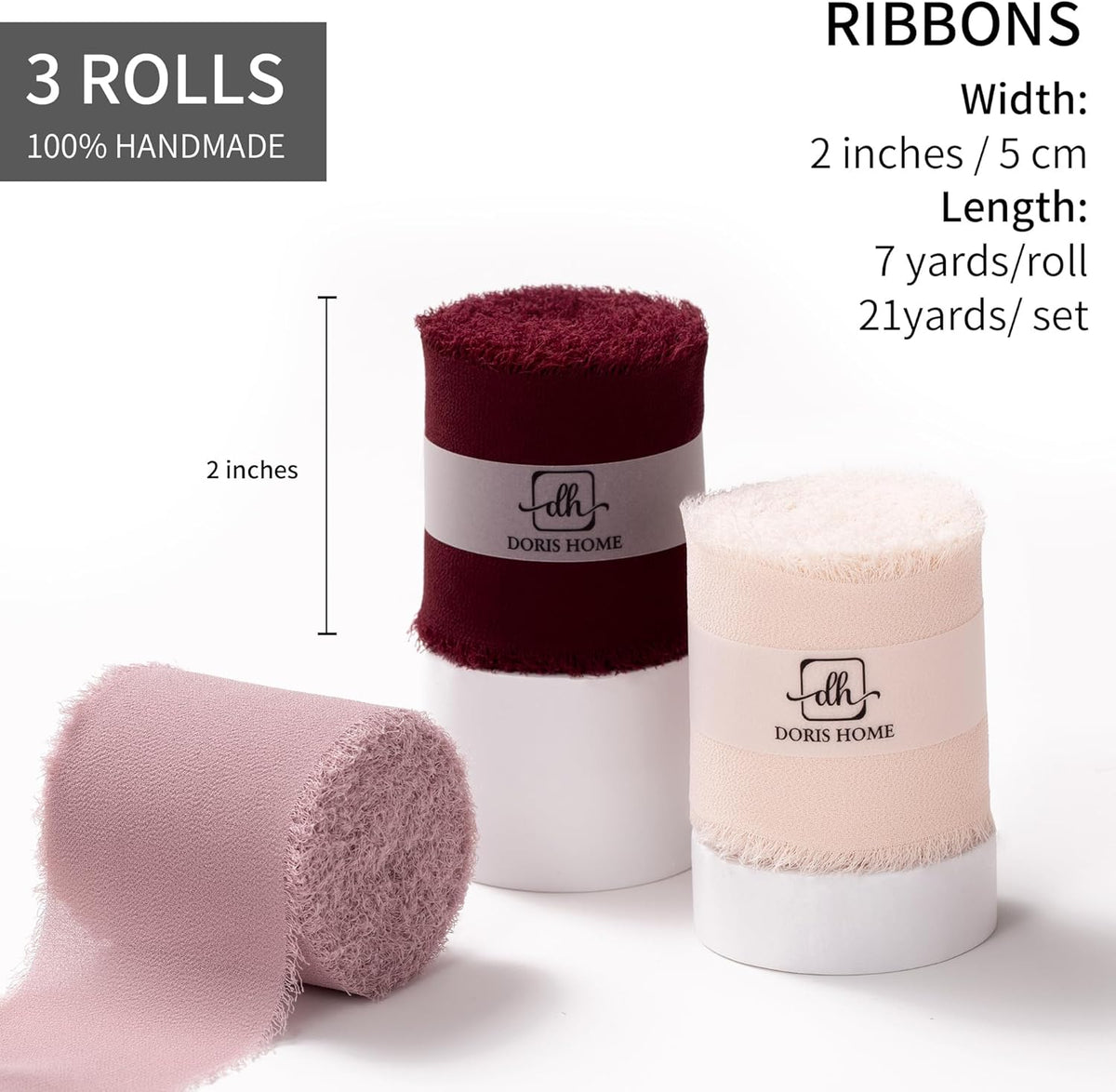 DORIS HOME 2" x21Yd Chiffon Ribbon for Flower Bouquet, Pink & Burgundy Fabric Ribbon for Gift