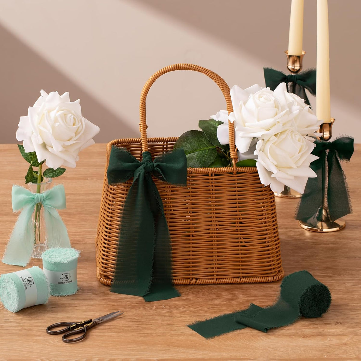DORIS HOME 2" x21Yd Chiffon Ribbon for Flower Bouquet, Green Series Fabric Ribbon for Gift