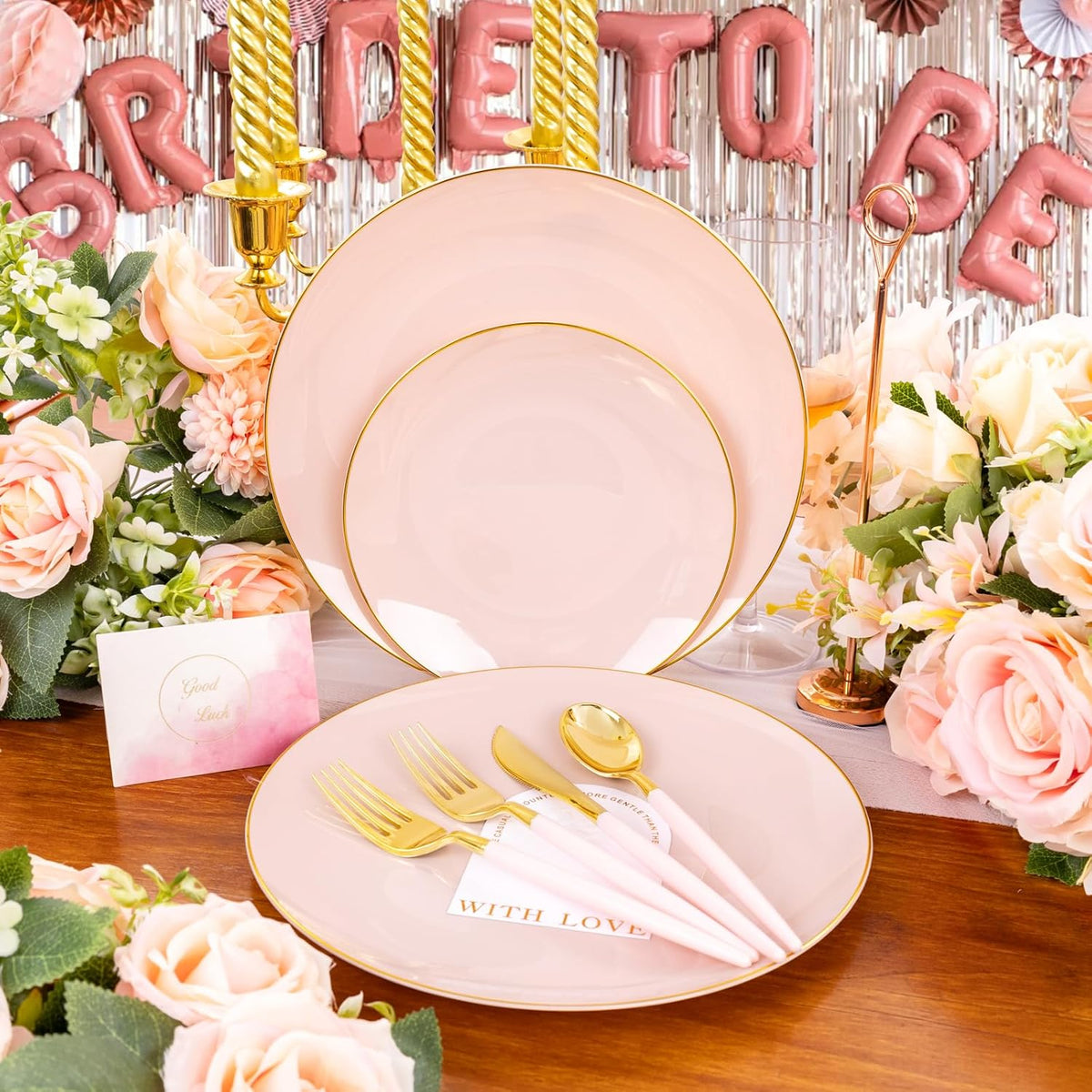 Liacere 150PCS Plastic Plates-Gold Plastic Silverware with Pink Handle - Pink Disposable Plates