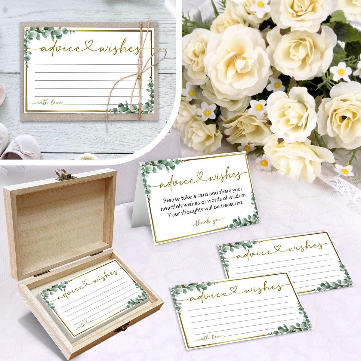 Advice and Wishes Cards Box, 50 Pcs Birthday Wedding Baby Shower Advice Cards, Well Wishes Box for