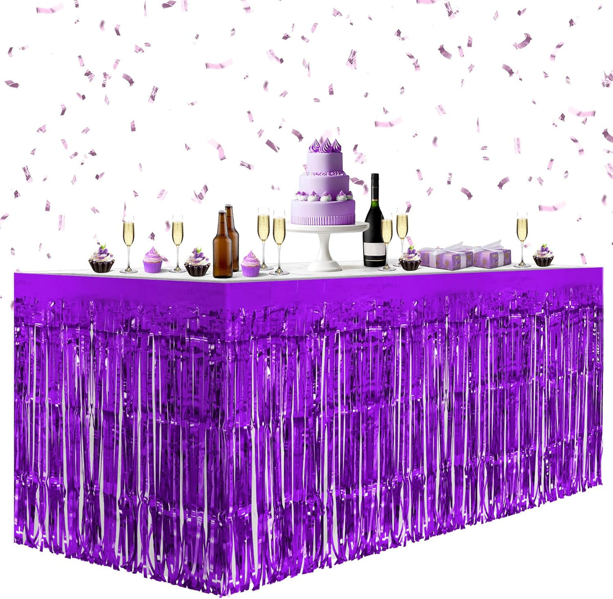 2 Pack Dark Purple Table Skirts, 29x108" Metallic Foil Tinsel Fringe Table Skirts for Rectangle