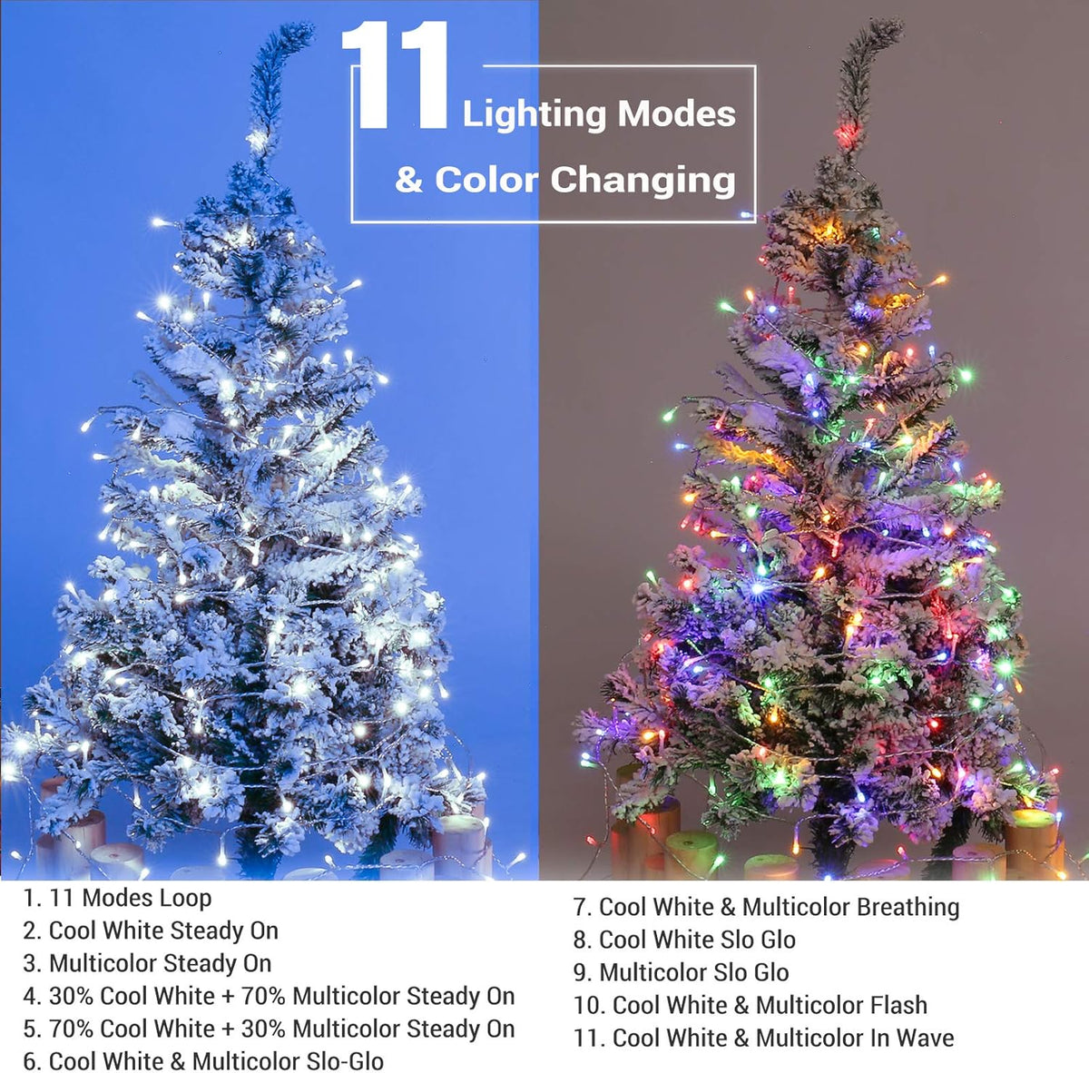 BrizLabs Cool White & Multicolor Christmas Lights, 180ft 500 LED Color Changing String, 11 Modes
