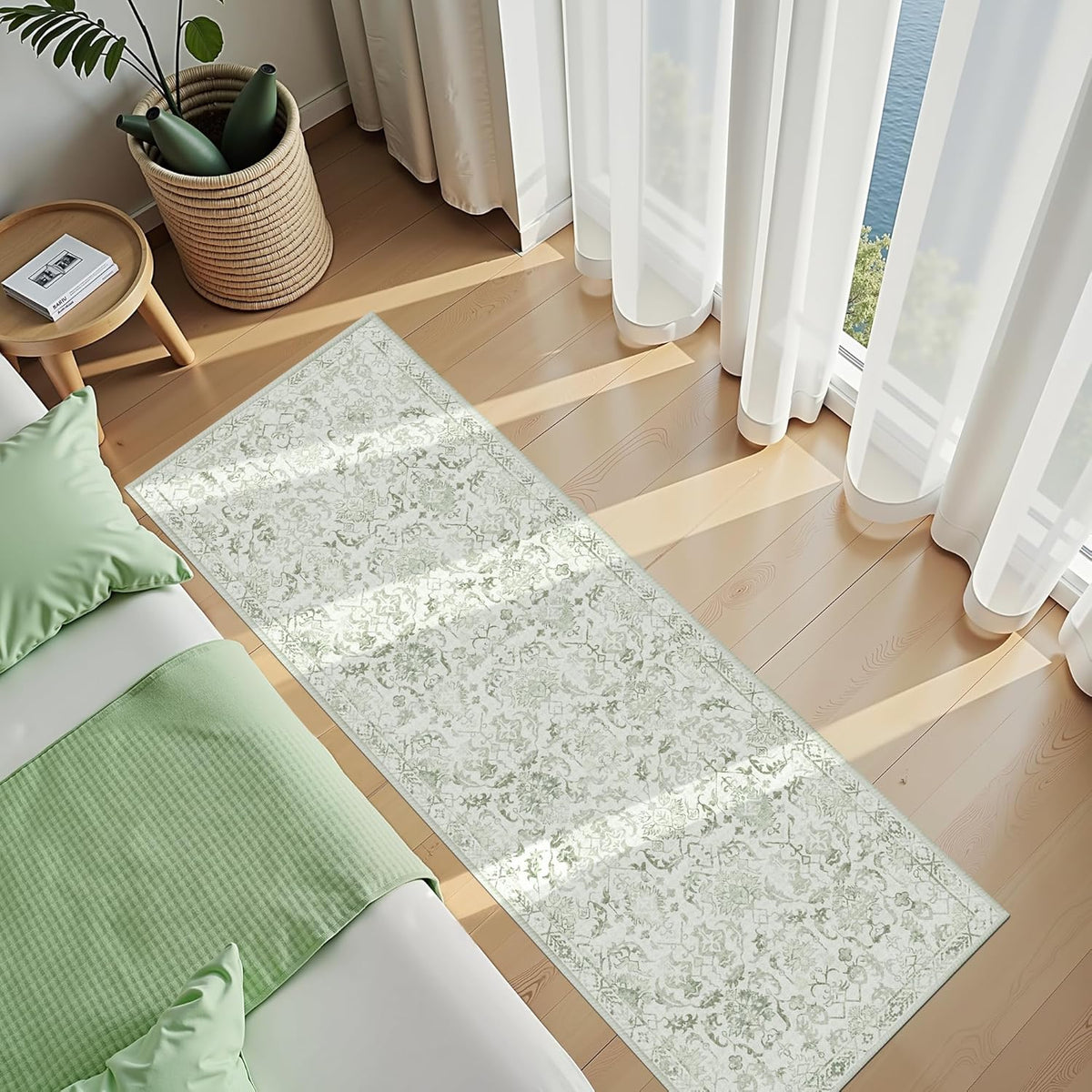 Sage 3x7 Runner Rug for Hallways Bed Side Kitchen, Boho Washable Distressed Low-Pile Floor Entryway