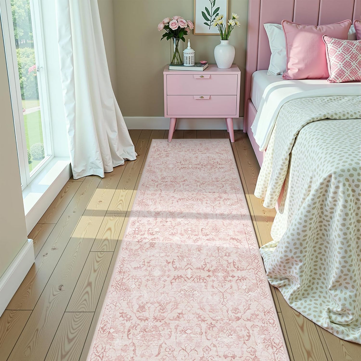 Pink 3x10 Runner Rug for Hallways Bed Side Kitchen, Boho Washable Distressed Low-Pile Floor