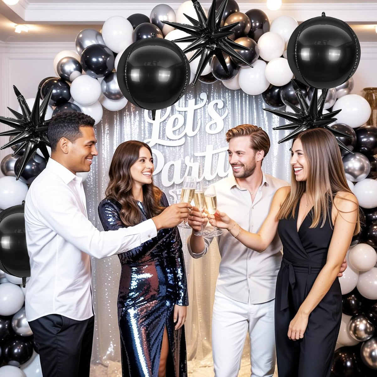 6Pcs Black Silver Foil Balloons,22Inch Black Silver 4D Round Ball Balloon and Explosion Star