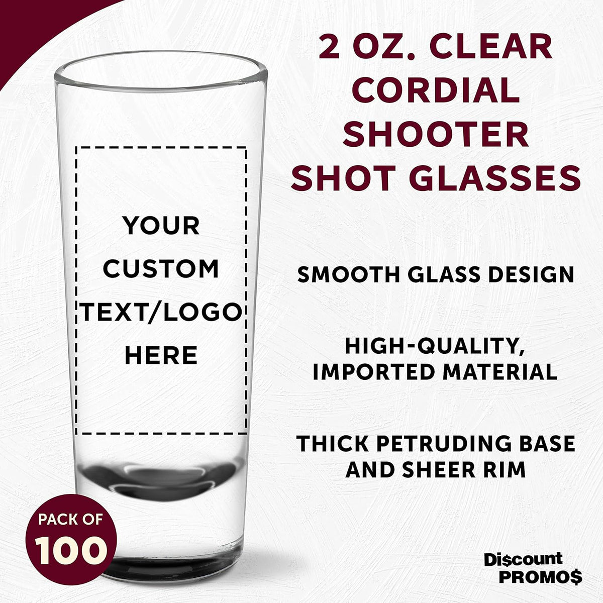 Custom Cordial Shooter Shot Glasses 2 oz. Set of 100, Personalized Bulk Pack - Great for Birthdays