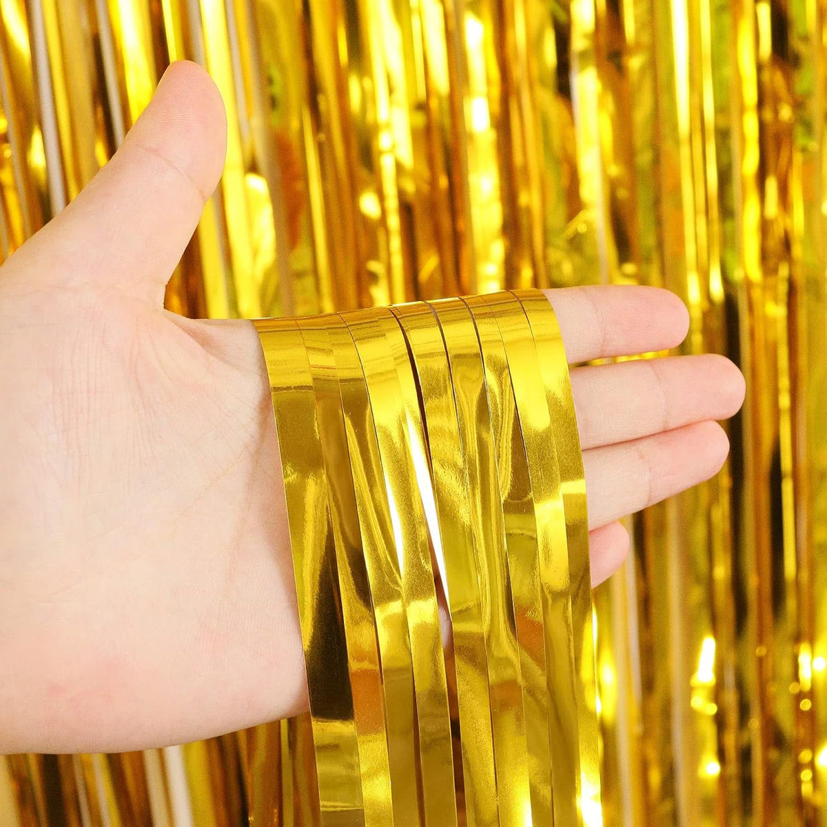 2 Pack Gold Fringe Curtains Foil Shiny Fringe Backdrop Tinsel Door Streamers Foil Curtains for