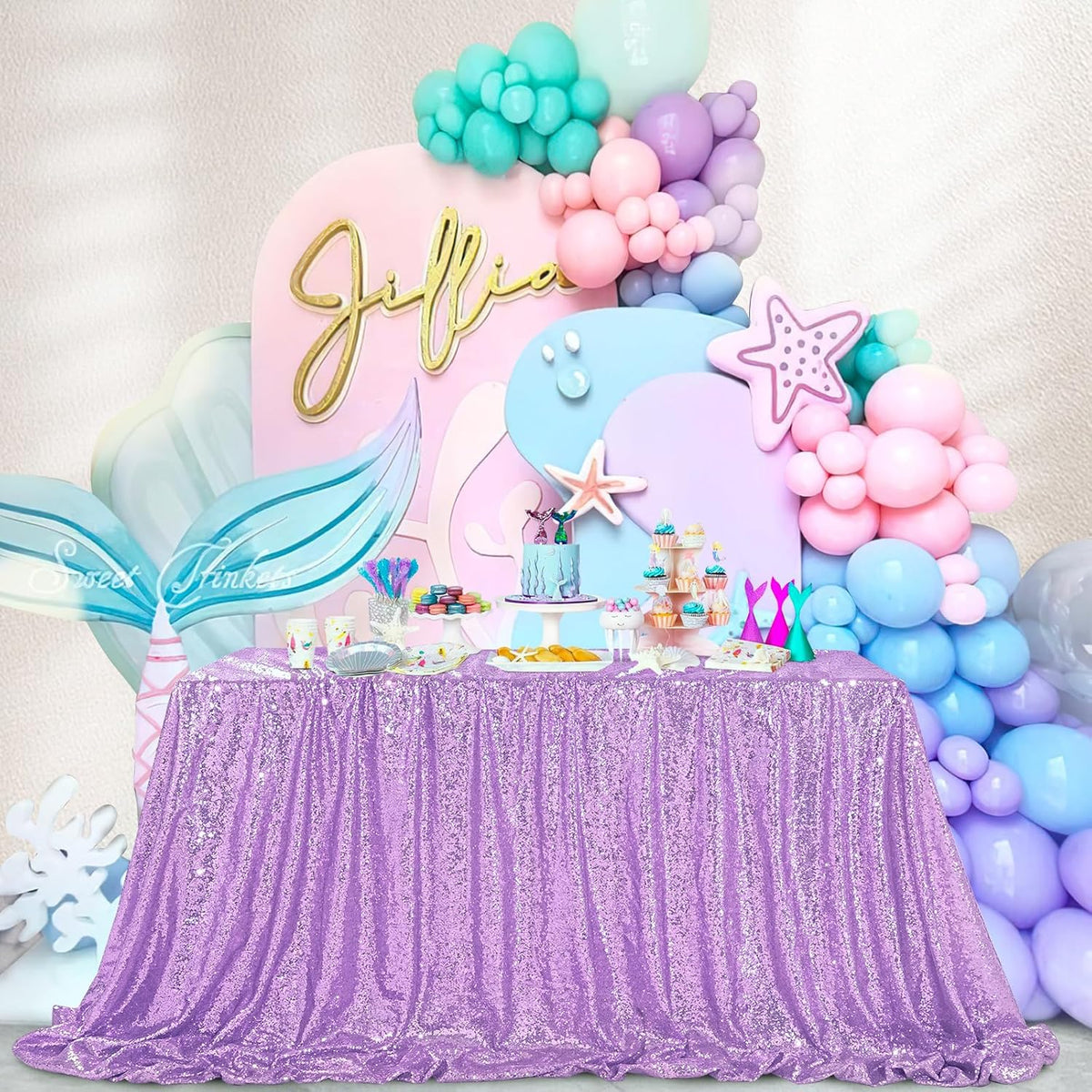 QueenDream Sequin Tablecloth 90"x132" Lavender Party Tablecloth Rectangular Seamless Sequin Table