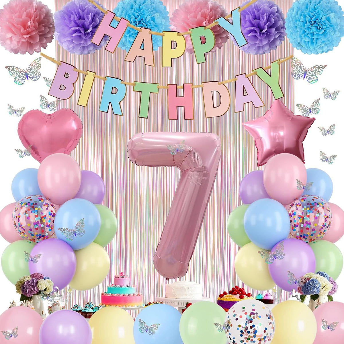 Pastel 7th Birthday Party Decorations for Girls Number 7 Balloon Happy Birthday Banner Butterfly