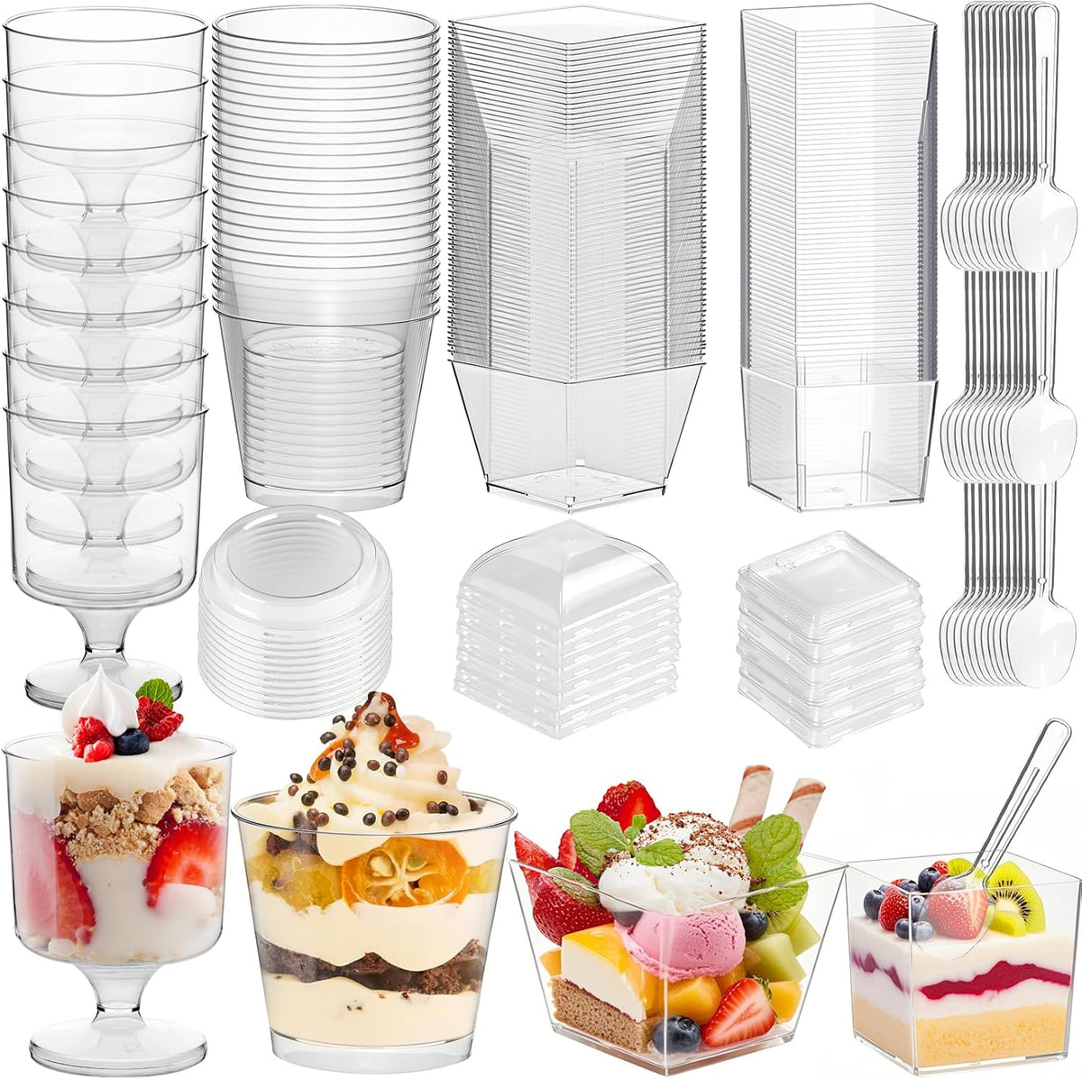 430 Pack Mini Dessert Cups with Lids and Spoons, Shooters Cups for Party, 4 oz, 5 oz 7 oz Clear