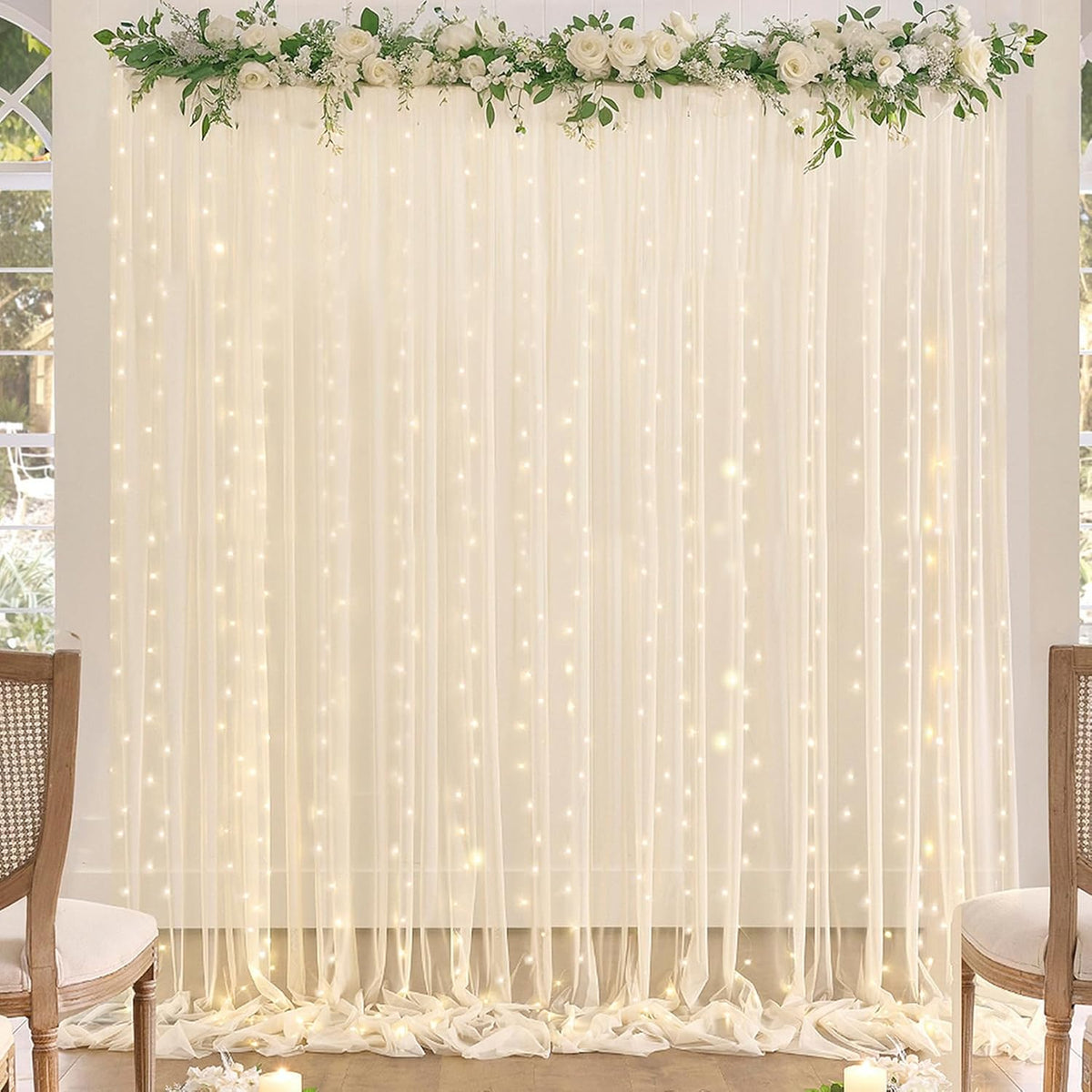 Champagne Backdrop Curtains with Lights String for Wedding Parties 10×10ft Sheer Tulle Backdrop