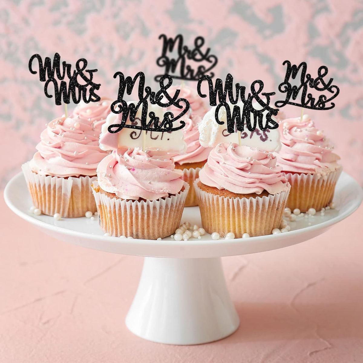 Gyufise 36Pcs Mr & Mrs Cupcake Toppers Glitter Bridal Shower Cupcake Picks for Wedding Engagement