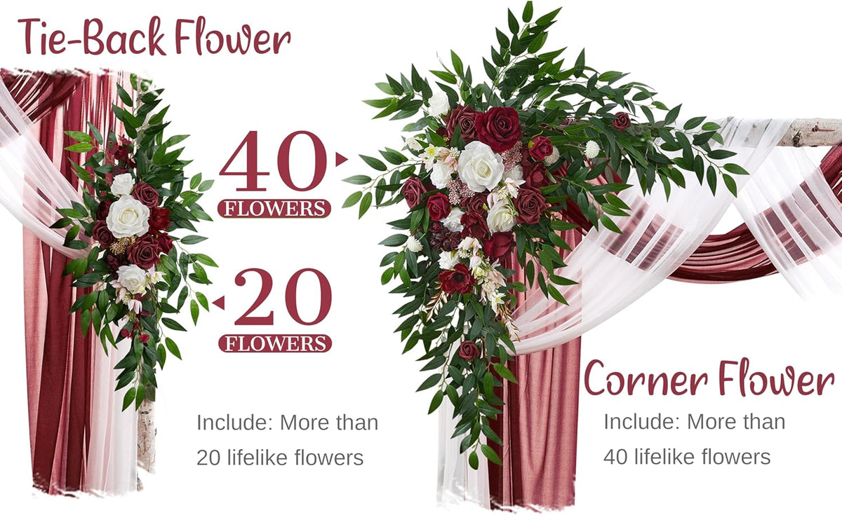 Wedding Arch Flowers with Drapes Kit (Pack of 4) - 2pcs Artificial Christmas Marsala Deluxe Swag