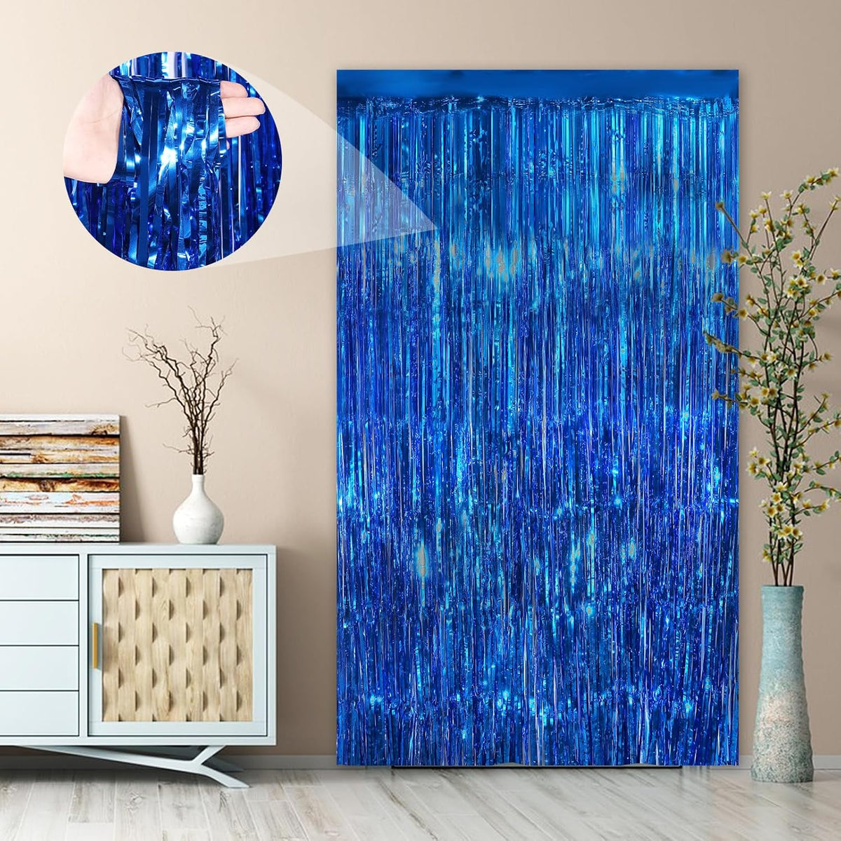 Blue Fringe Curtain Party Streamers 2Pack 3.3 x 8.3 Ft Foil Fringe Backdrop Curtains for Birthday