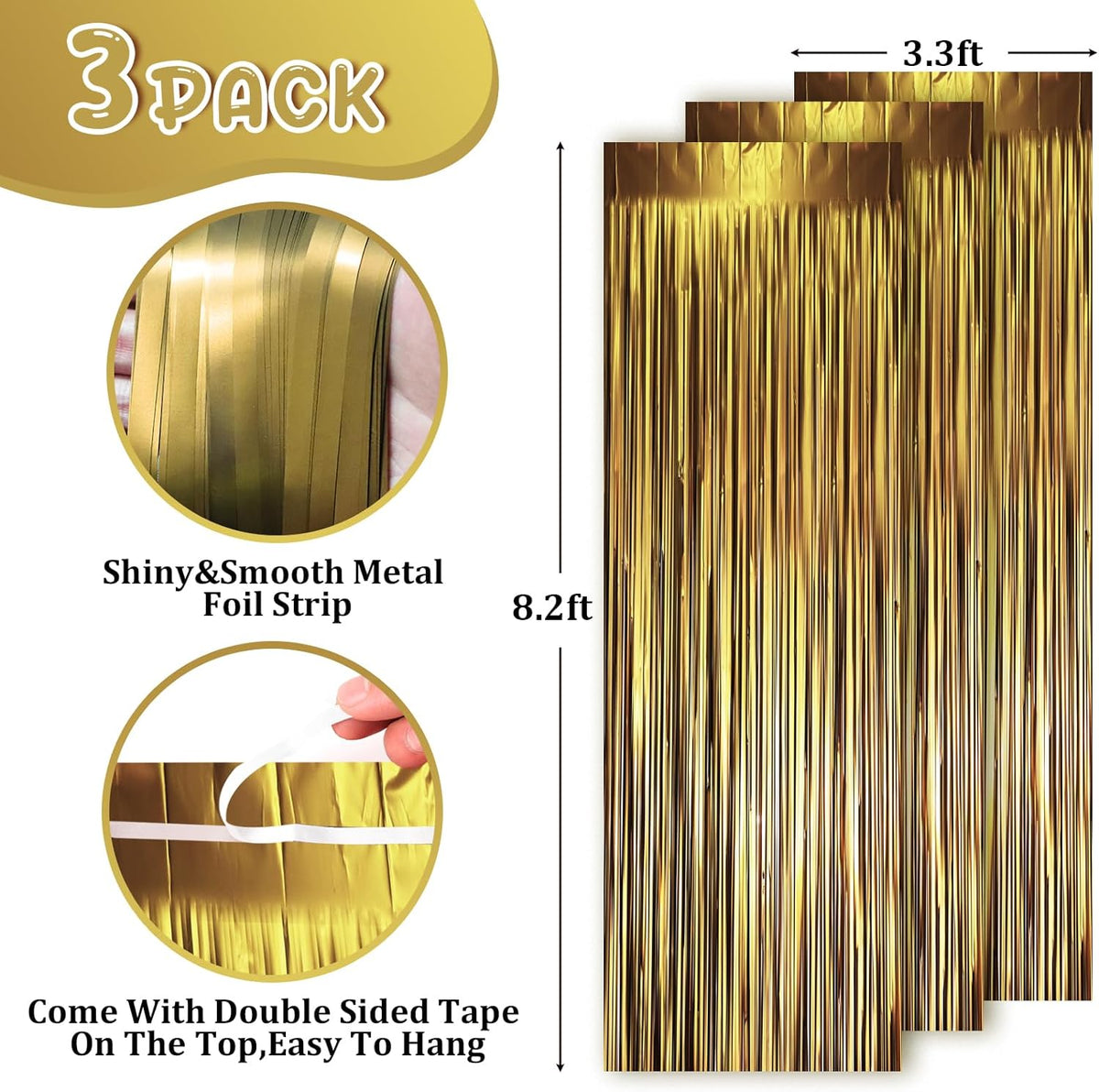 3 Pack 3.3 x 8.2 ft Matte Gold Foil Fringe Backdrop Curtains, Tinsel Streamers Party Decorations