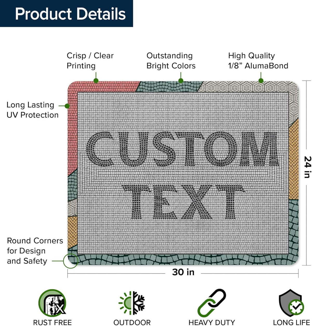 Custom Sign, Custom Street Sign, 11 Font Colors, 13 Font Styles, 4 Hole Options, 22 Sizes, 24x30