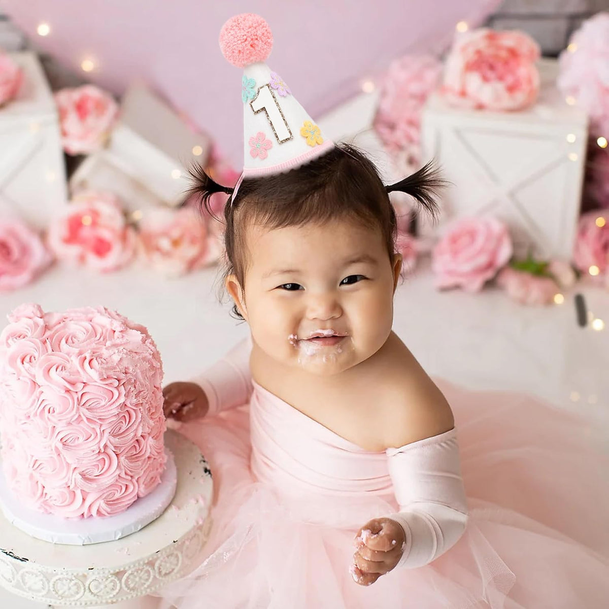 WAUAO Colorful Flower 1st Birthday Cone Hat for Girls - Cute & Adorable Floral Crown, First