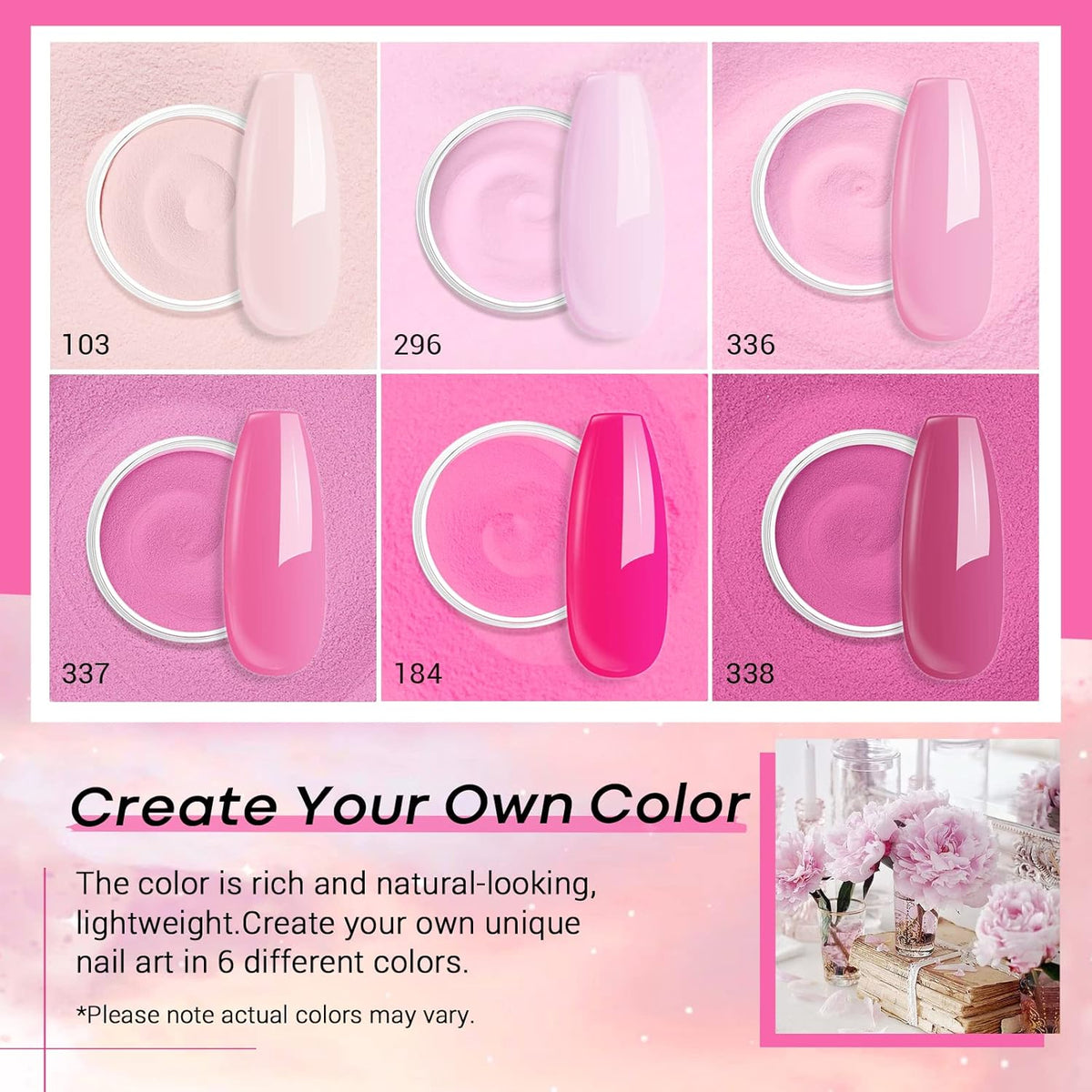 AZUREBEAUTY Pink Dip Powder Nail Set, 6 Colors Light Hot Pink Cherry Blossom Shades Dipping Powder