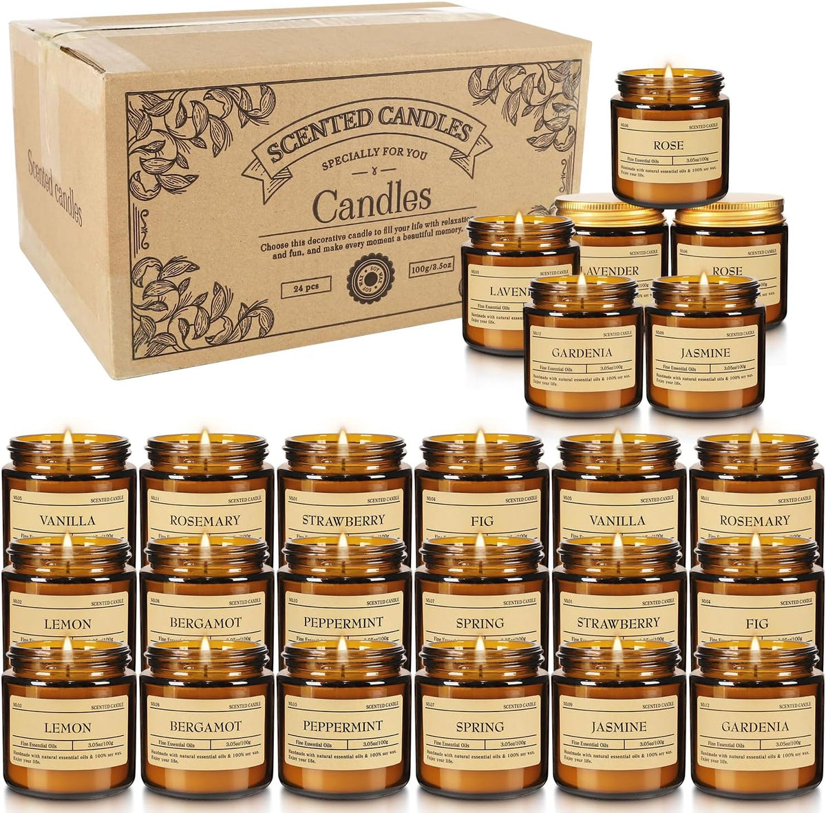 24-Pack Scented Candle Gift Box - 12 scents to Choose from (Rose/Lavender/Lemon/Vanilla), Natural