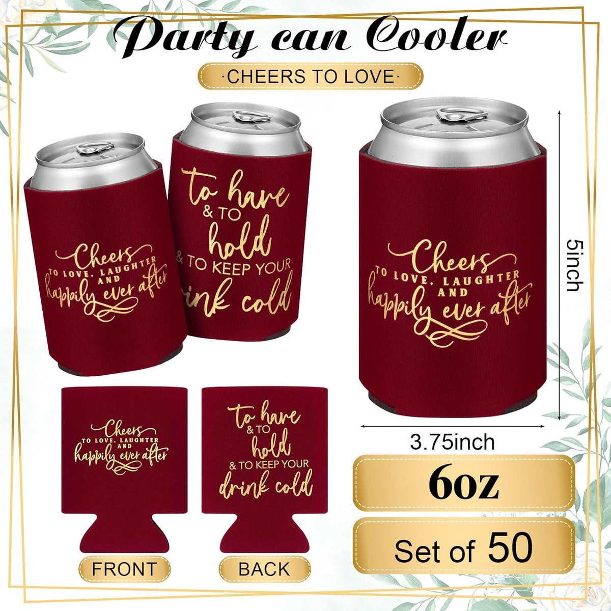 50 Pieces Burgundy Wedding Can Cooler Sleeves Bulk Engagement Party Favors for Guests Cheers to
