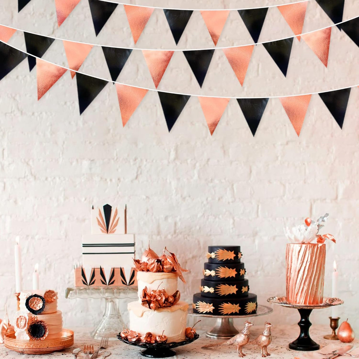 Black Rose Gold Party Decorations Triangle Pennant Banner Flag Rose Gold Black Metallic Fabric