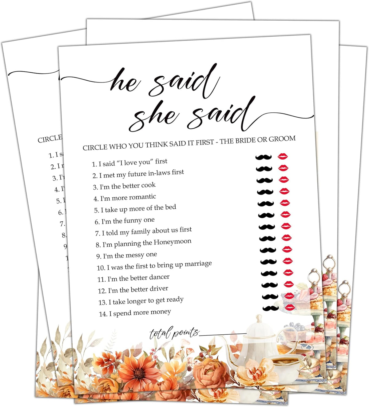 Fall Bridal Shower Games Cards, He Said She Said Wedding Bachelorette Party Games, Fall in Love