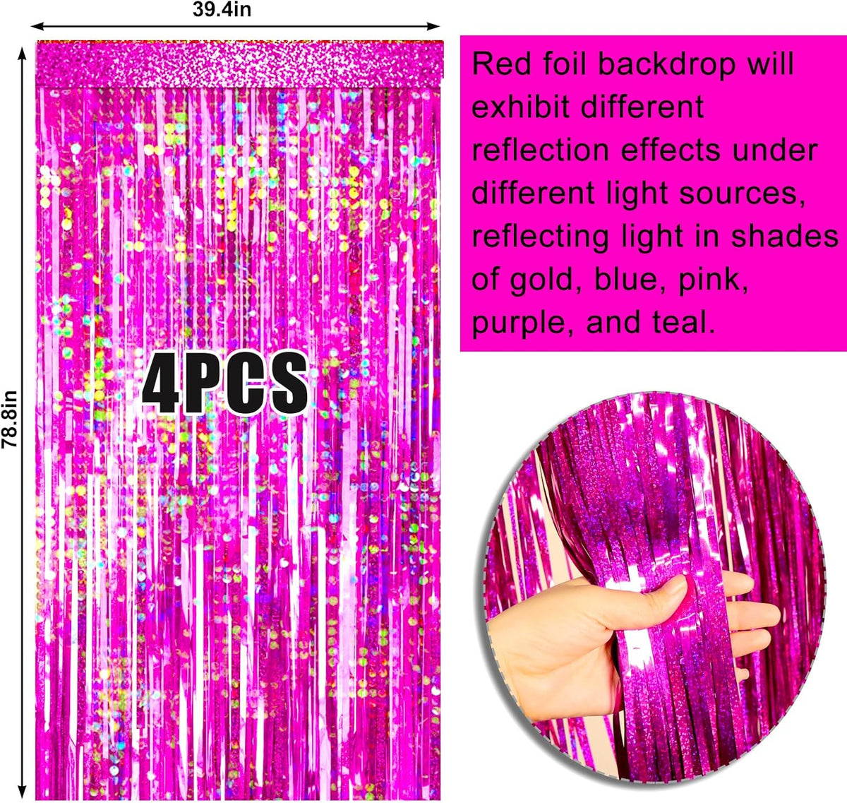 4 Packs Hot Pink Foil Fringe Curtain, Pink Glitter Metallic Tinsel Backdrop for Birthday, Wedding