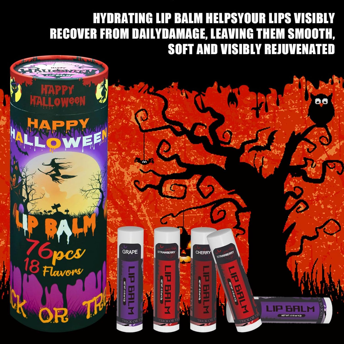 Yopela 76 Pack Halloween Natural Lip Balm Bulk with Vitamin E and Coconut Oil Lip Care Set