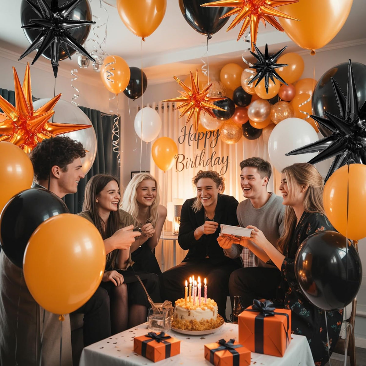 Black Orange Star Balloons,9Pcs 22Inch Black Orange Explosion Spike Cone Helium Polyester Film Star