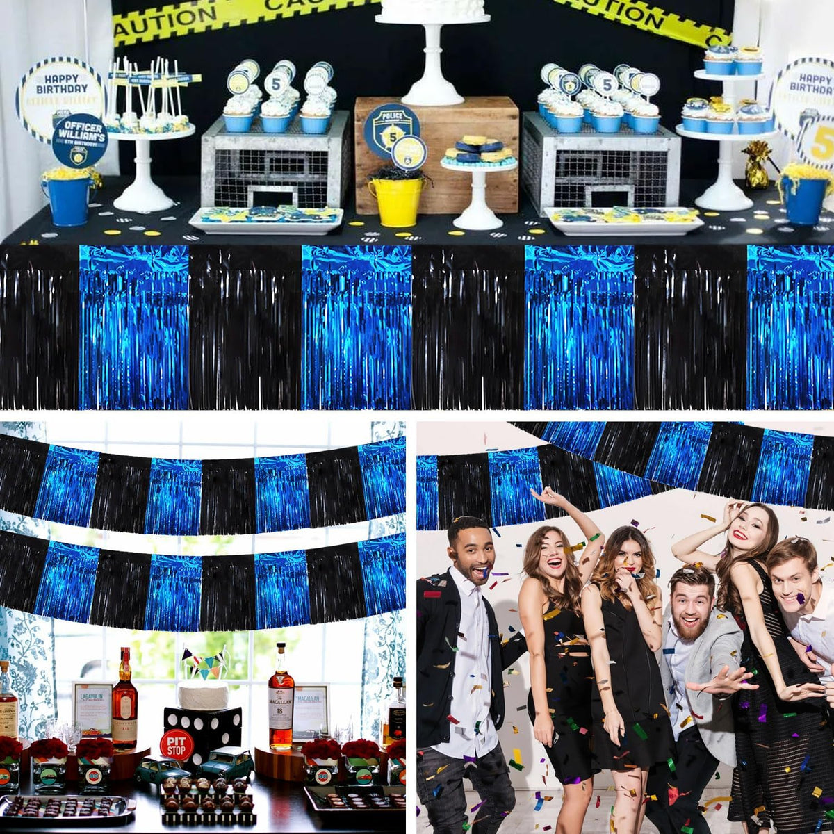 BEISHIDA 3 Packs Metallic Foil Fringe Garland Black Blue Wall Hanging Tinsel Fringe Banners for Car