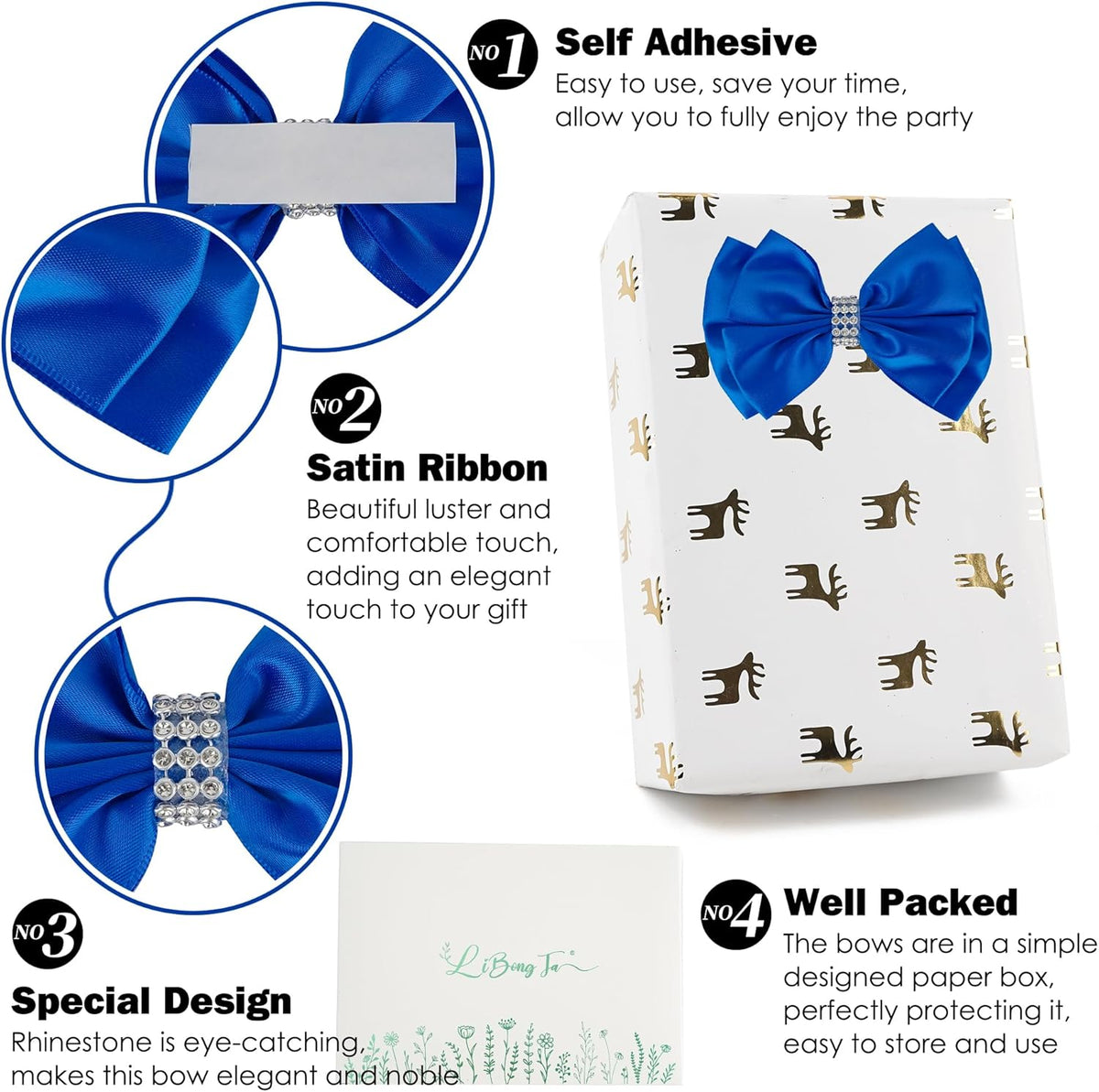 Royal Satin Bows 4'' Premade Blue Ribbon Bow, Gift Bows with Rhinestone, Wrapping Bows for