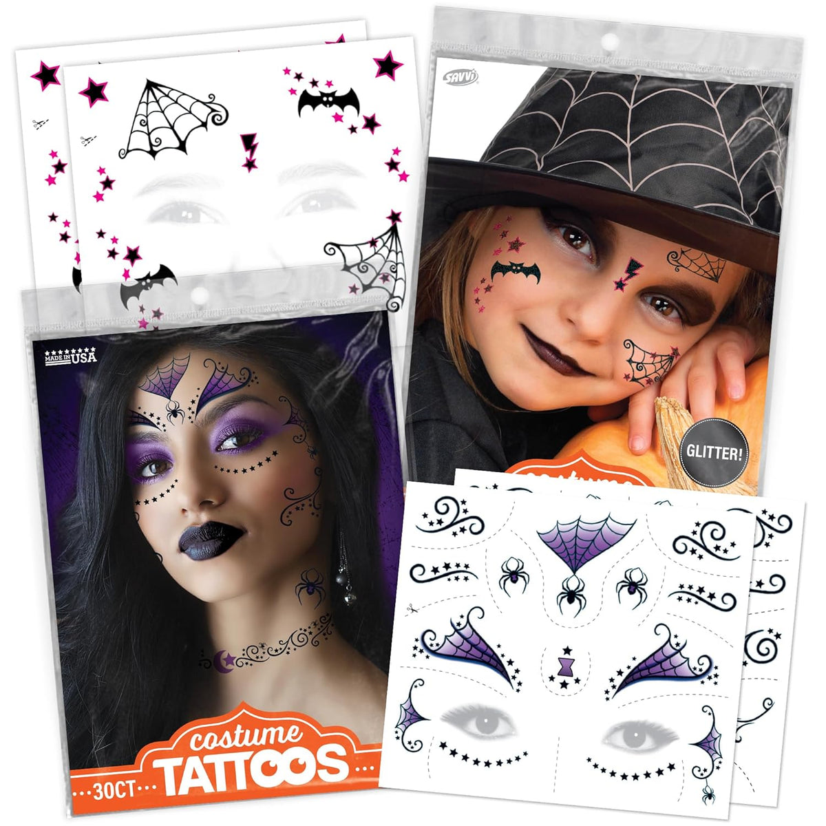 Halloween Witch Costume Temporary Tattoos – Magical Tattoo Kit for Kids, Includes Hats, Brooms