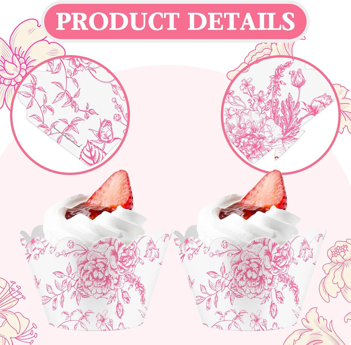 Domensi 100 Pcs Pink Floral Cupcake Wrappers Rustic Cupcake Liners Pink Baking Cups Flower Baking