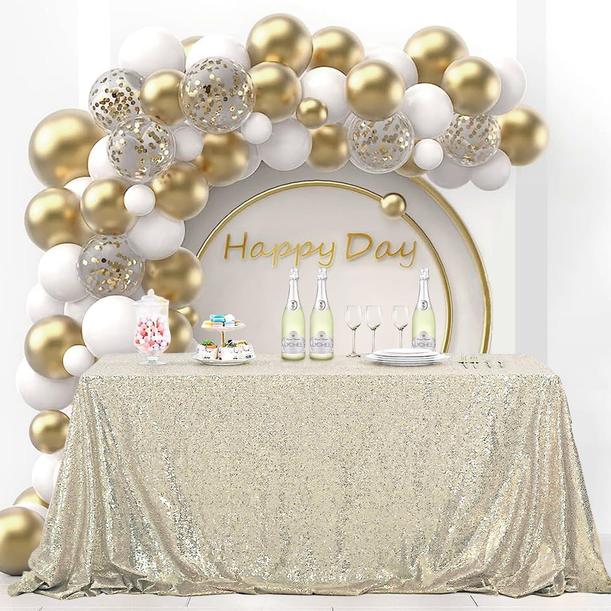 OQSQ Champagne Sequin Tablecloth 50x80 inch, Glitter Drape Table Cloth, Sparkle Sequence Table