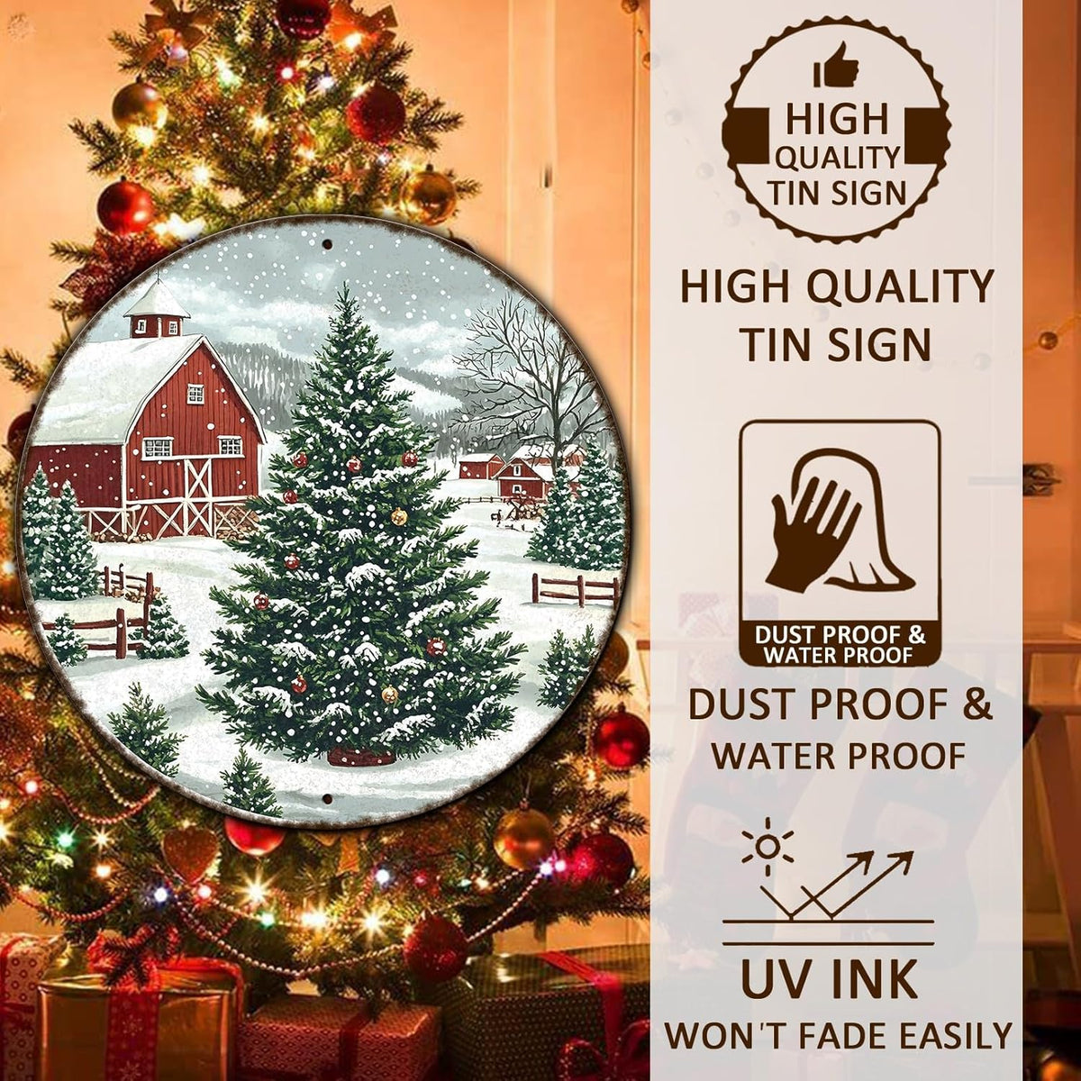 Round Christmas Trees Barn Metal Tin Sign Christmas Vintage Tin Sign for Kitchen Cafe Bar Farmhouse