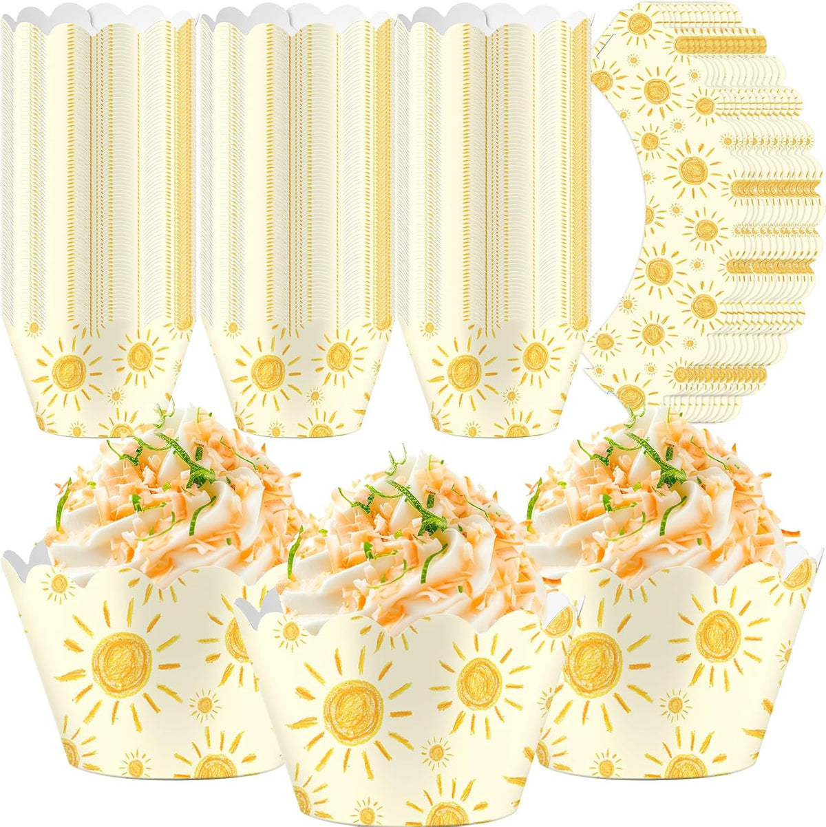 Domensi 100 Pcs Bohemian Sun Cupcake Wrappers Rustic Yellow Sunshine Cupcake Liners Baking Cups