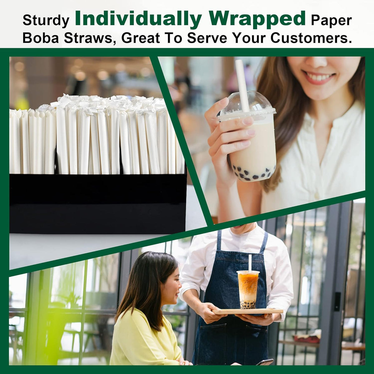 9 Inch Individually Wrapped Disposable White Paper Boba Straws, Bubble Tea Straws 100 Counts