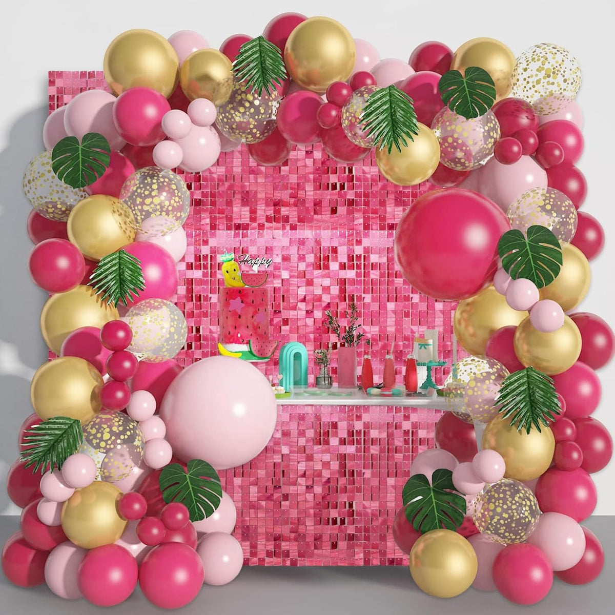 24PCS Deep Pink Shimmer Wall Backdrop, Laser Square Sequin Photo Backdrops Panel, Glitter Wall