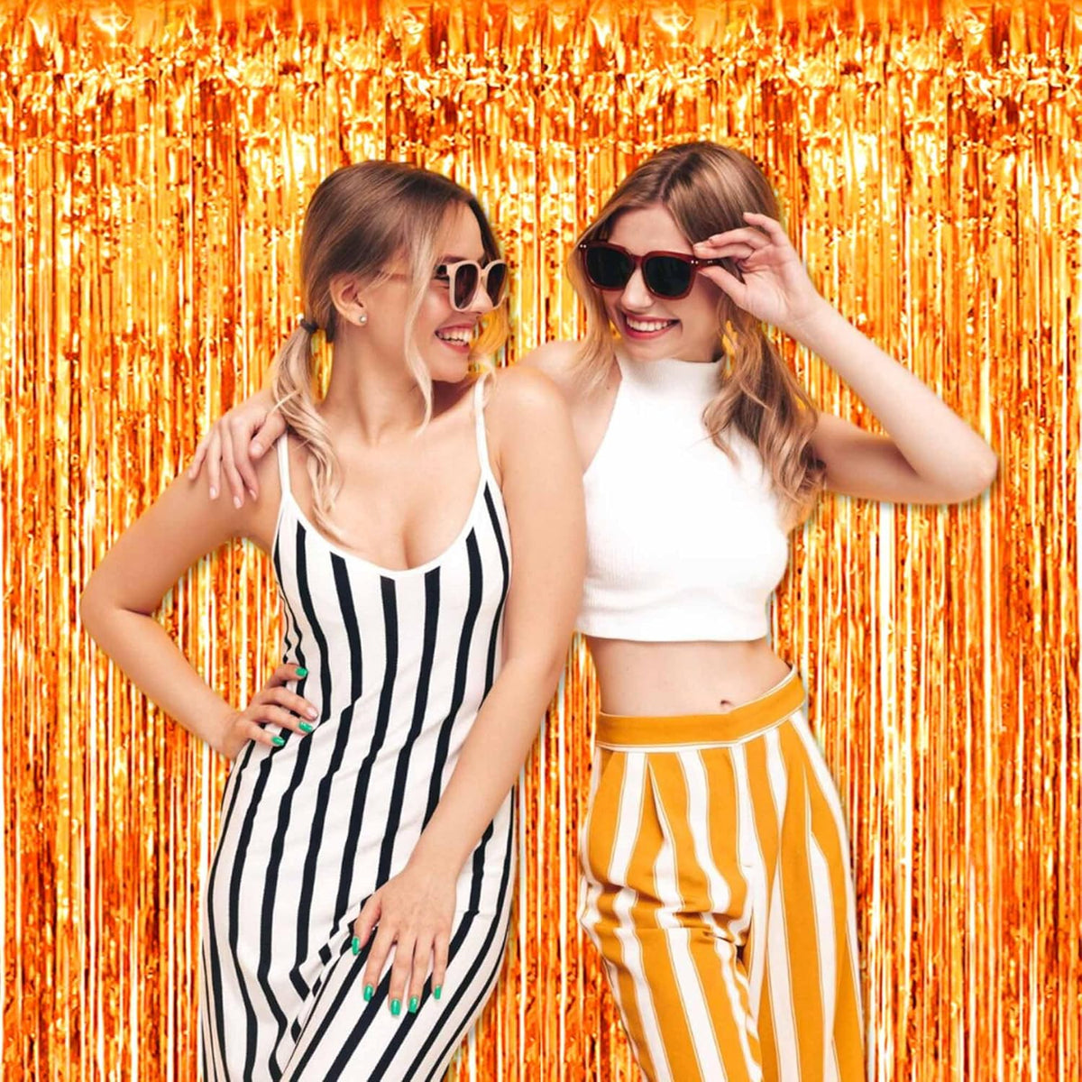 3 Pack Orange Foil Fringe Curtains Backdrop, 3.28 x 9.8 Ft Metallic Streamers Tinsel Curtains