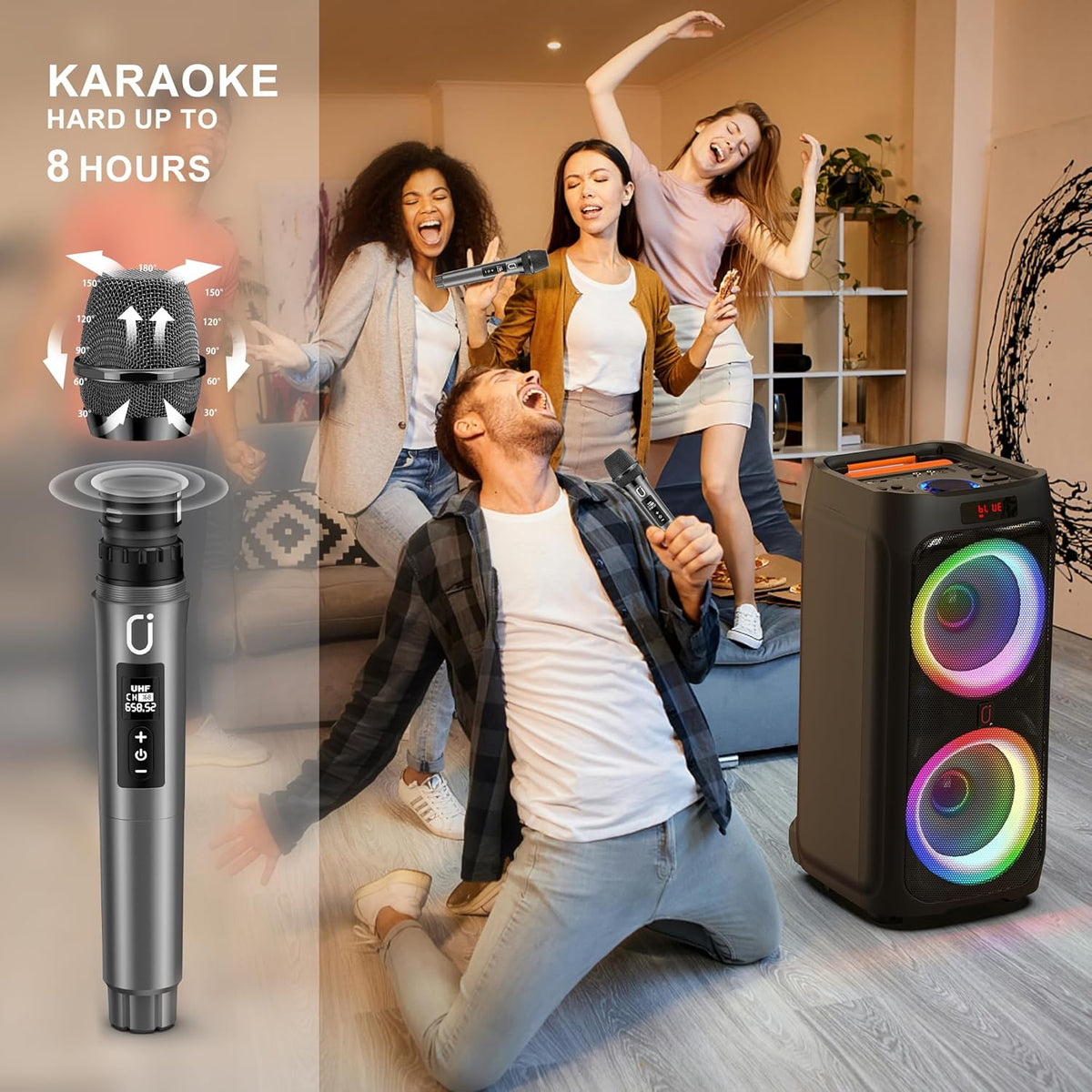 JYX Karaoke Machine with 2 Wireless Microphones, 8" Big Portable Bluetooth Speaker for Adults with