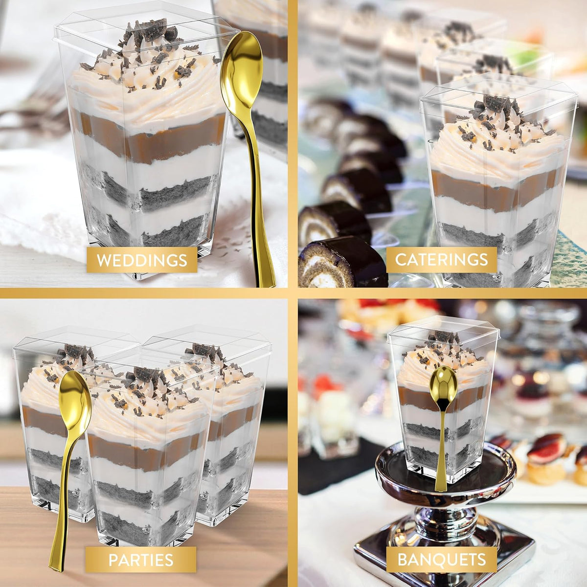 100 Pack 3 oz Mini Dessert Cups with Lids and Spoons (Gold Spoons) - Plastic Shooter Appetizer