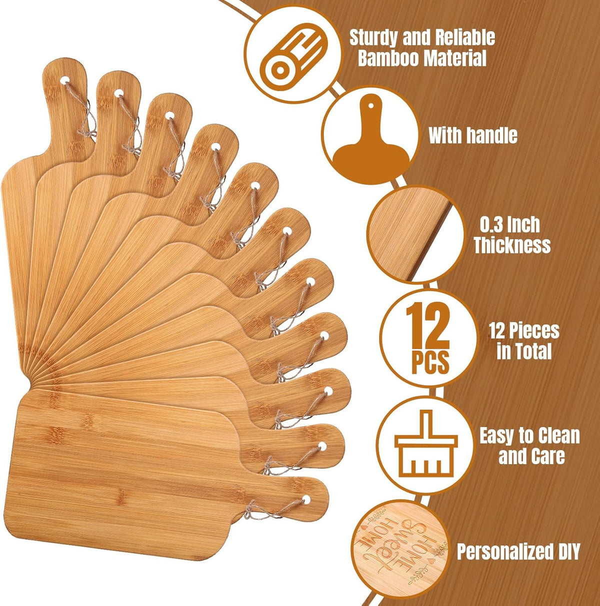 Patelai 12 Packs Wooden Cutting Board Set with Handles Large Kitchen Serving Plain Chopping Board