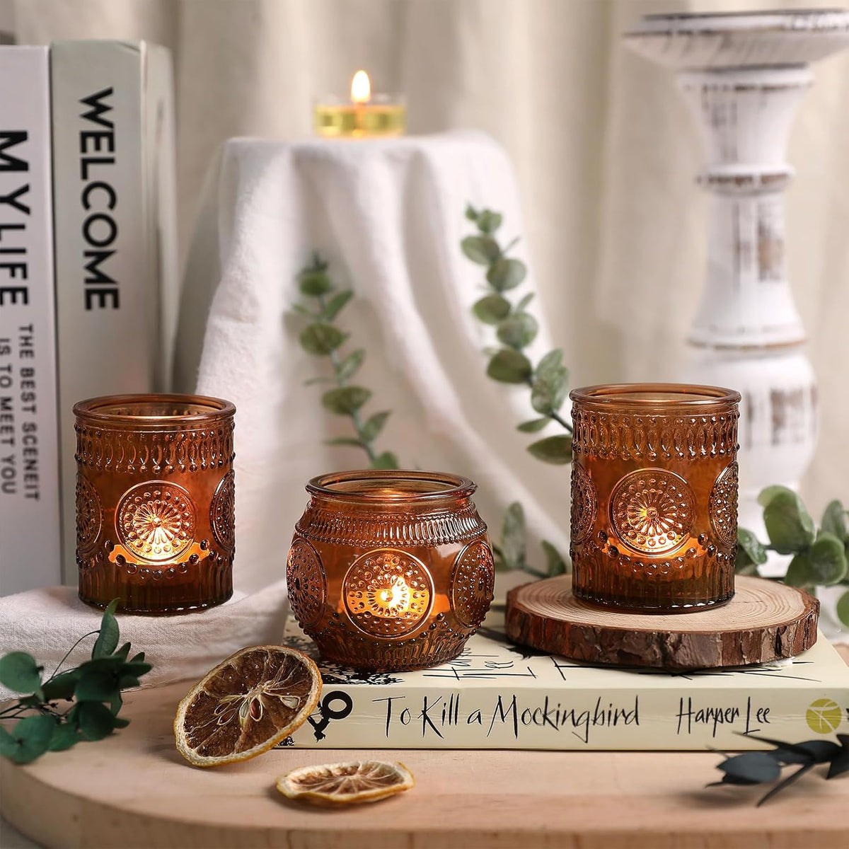 DARJEN 24Pcs Amber Votive Candle Holders - Vintage Glass Candle Holder, Candle Holders Bulk for